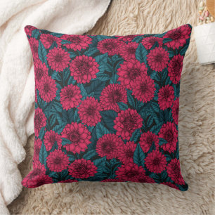 Rode Dahlia tuin/blauwe bladeren Kussen