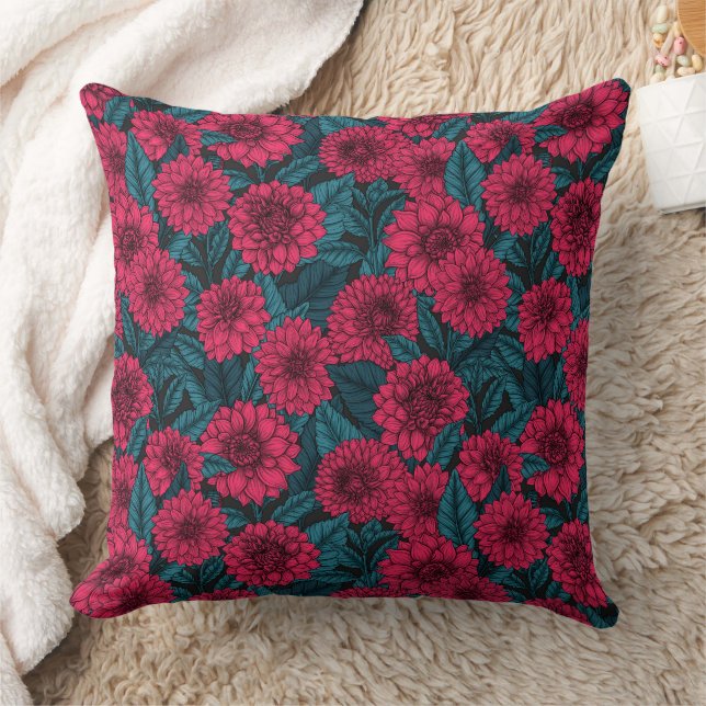 Rode Dahlia tuin/blauwe bladeren Kussen (Deken)