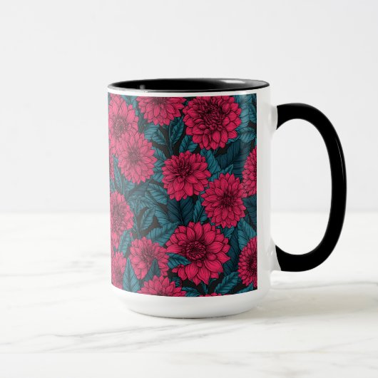 Rode Dahlia tuin/blauwe bladeren Mok (Rechts)