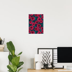 Rode Dahlia tuin/blauwe bladeren Poster
