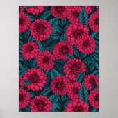 Rode Dahlia tuin/blauwe bladeren Poster (Voorkant)