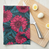 Rode Dahlia tuin/blauwe bladeren Theedoek (Quarter Fold)