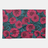 Rode Dahlia tuin/blauwe bladeren Theedoek (Horizontaal)