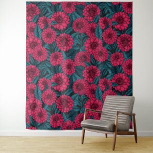 Rode Dahlia tuin/blauwe bladeren Wandkleed