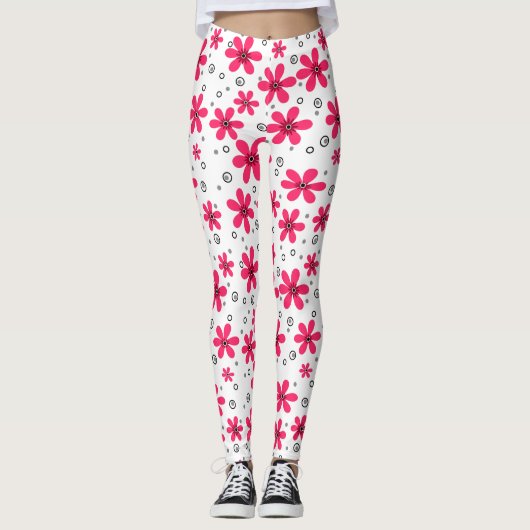 Rode daisy bloemen retro achtergrond zomer leggings (Voorkant)