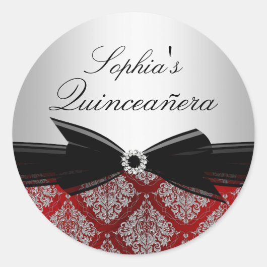 Rode Damask & Bow Quinceanera Sticker (Voorkant)