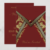 Rode Damask Gouden Feest Uitnodiging Template (Voorkant / Achterkant)