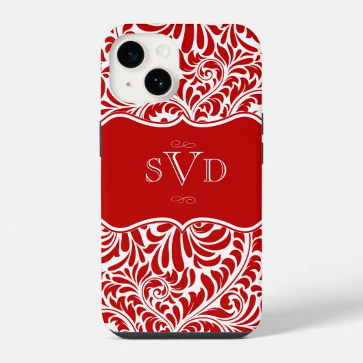 Rode Damask ontwerp monogrammen aangepaste Case-Ma iPhone Hoesje (Achterkant)