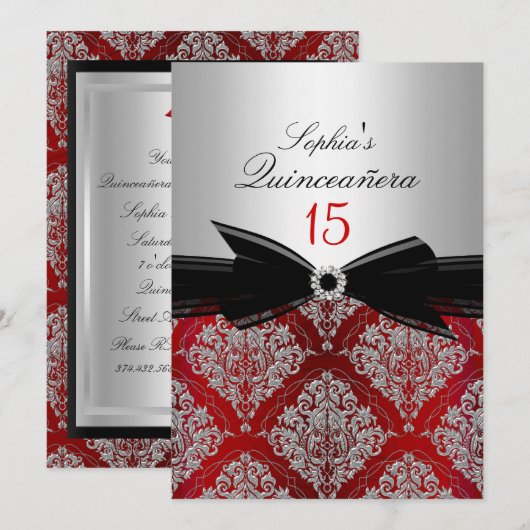 Rode Damast Boog Quinceanera Aankondigingen (Voorkant / Achterkant)