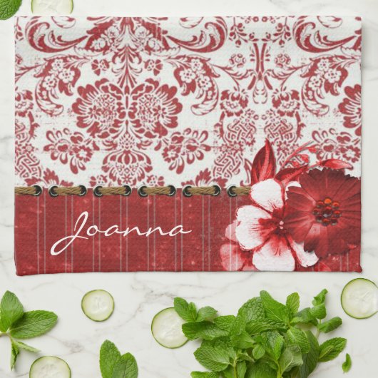 Rode damast en bloemen theedoek (Gevouwen)