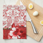 Rode damast en bloemen theedoek (Quarter Fold)