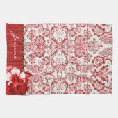Rode damast en bloemen theedoek (Horizontaal)