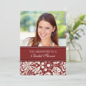 Rode Damast Foto Bruidsdouche Uitnodiging Kaart (Staand voorkant)