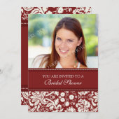 Rode Damast Foto Bruidsdouche Uitnodiging Kaart (Voorkant / Achterkant)