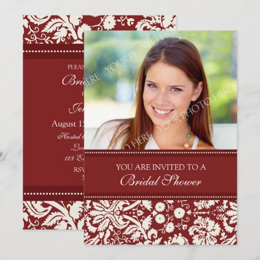Rode Damast Foto Bruidsdouche Uitnodiging Kaart (Voorkant / Achterkant)