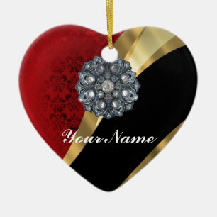 Rode damast & goud keramisch ornament