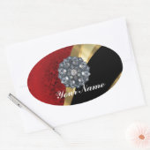 Rode damast & goud ovale sticker (Envelop)