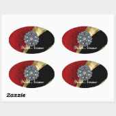 Rode damast & goud ovale sticker (Vel)