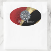 Rode damast & goud ovale sticker (Tas)