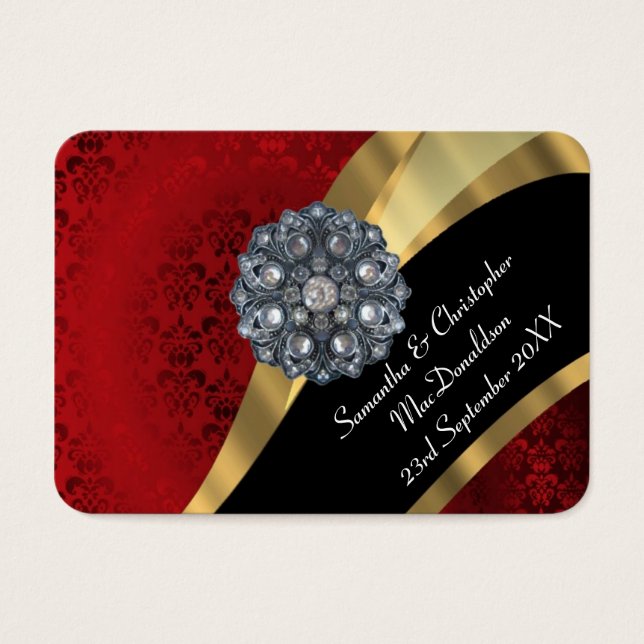 Rode damast, gouden huwelijksgunst dank u label visitekaartjes (Voorkant)