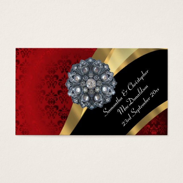 Rode damast, gouden huwelijksgunst dank u label visitekaartjes (Voorkant)