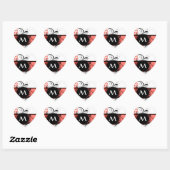 Rode damast patroon monogram hart sticker (Vel)