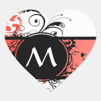 Rode damast patroon monogram hart sticker