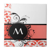 Rode damast patroon monogram tegeltje (Voorkant)