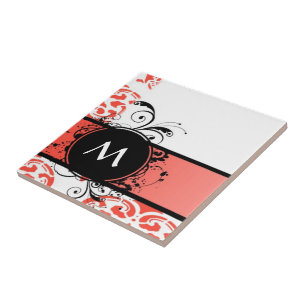 Rode damast patroon monogram tegeltje