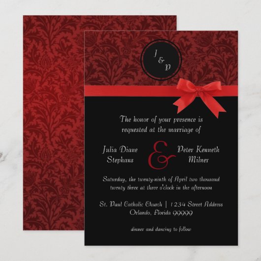 Rode Damast & Rode Strik - Trouw Uitnodiging (Voorkant / Achterkant)