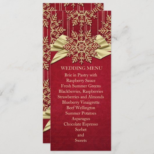 Rode Damast Sneeuwvlokken Gouden Lint Bruiloft Men Menu (Voorkant / Achterkant)