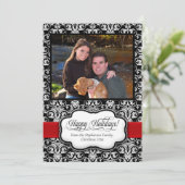 Rode Damast Zwart-wit Vakantie Groet Kaart (Staand voorkant)