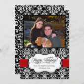 Rode Damast Zwart-wit Vakantie Groet Kaart (Voorkant / Achterkant)