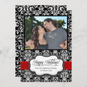 Rode Damast Zwarte Witte Kerst Groet Feestdagenkaart (Voorkant / Achterkant)