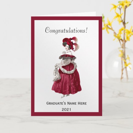 Rode Dame Felicitaties Afstuderen Kaart (Gele Bloem)
