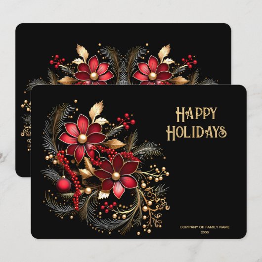 Rode decoratieve bloemen kerstkaart (Voorkant / Achterkant)