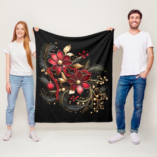 Rode decoratieve bloemen vakantie fleece deken (In situ)