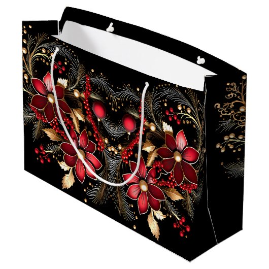 Rode Decoratieve Bloemen Vakantie Gift Bag Groot Cadeauzakje (Achterkant Gekanteld)