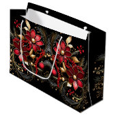 Rode Decoratieve Bloemen Vakantie Gift Bag Groot Cadeauzakje (Voorkant Gekanteld)