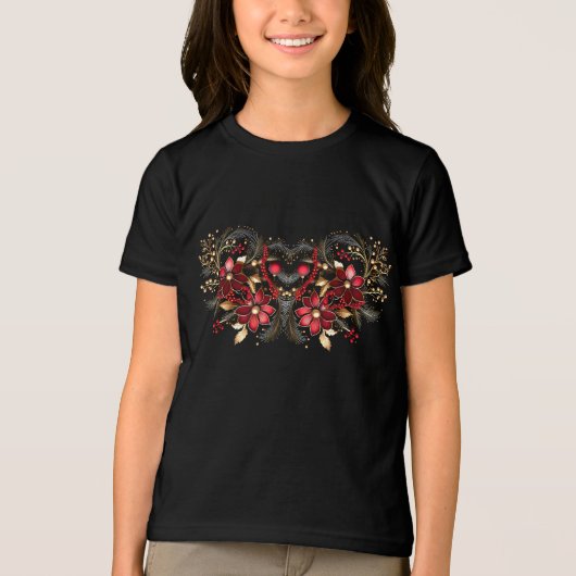 Rode Decoratieve Bloemen Vakantie Jongens T-shirt (Voorkant)