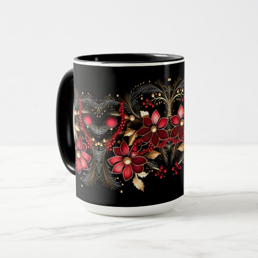 Rode decoratieve bloemen vakantie mok (Voorkant links)