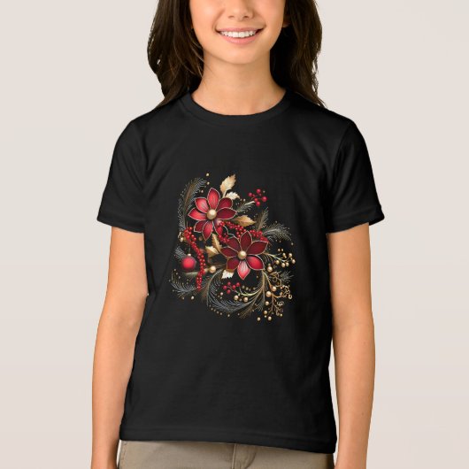 Rode Decoratieve Bloemen Vakantie T-shirt (Voorkant)