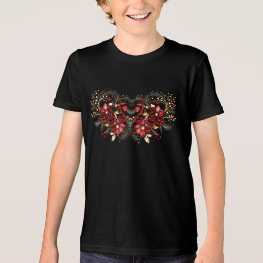 Rode Decoratieve Bloemen Vakantie T-shirt (Voorkant)