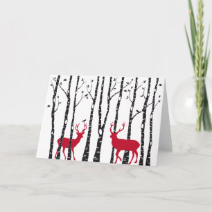 Rode deers in het bos van de vogelboom feestdagen kaart
