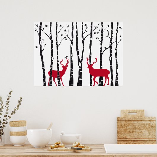 Rode deers in het bos van de vogelboom poster (Keuken)