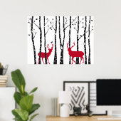 Rode deers in het bos van de vogelboom poster (Thuiskantoor)