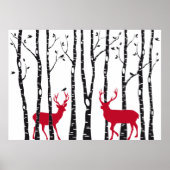 Rode deers in het bos van de vogelboom poster (Voorkant)