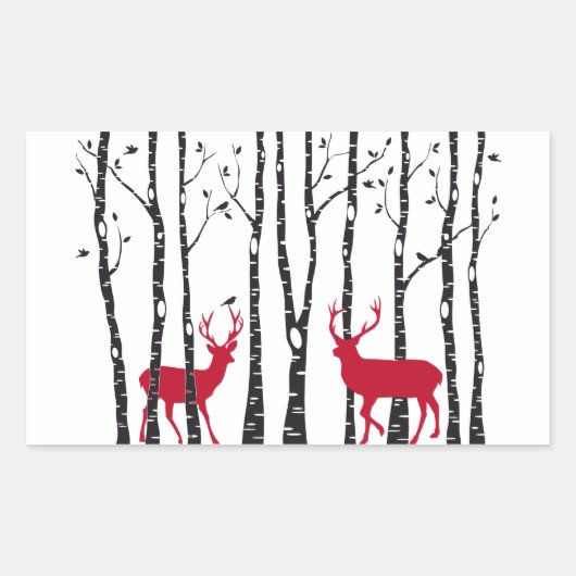 Rode deers in het bos van de vogelboom rechthoekige sticker (Voorkant)