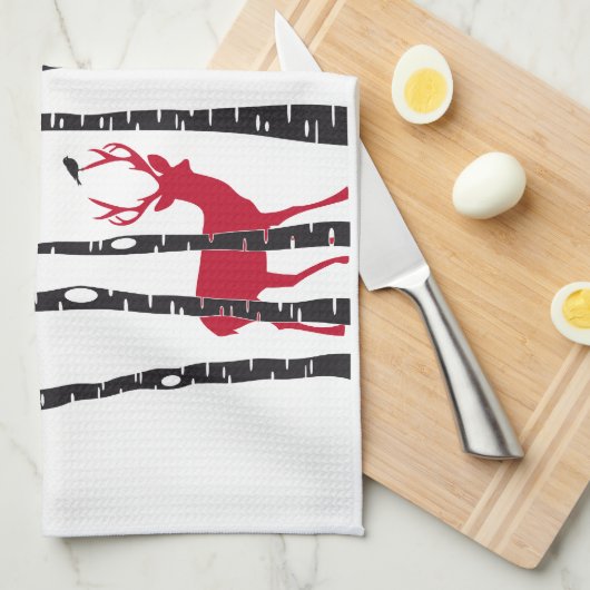 Rode deers in het bos van de vogelboom theedoek (Quarter Fold)