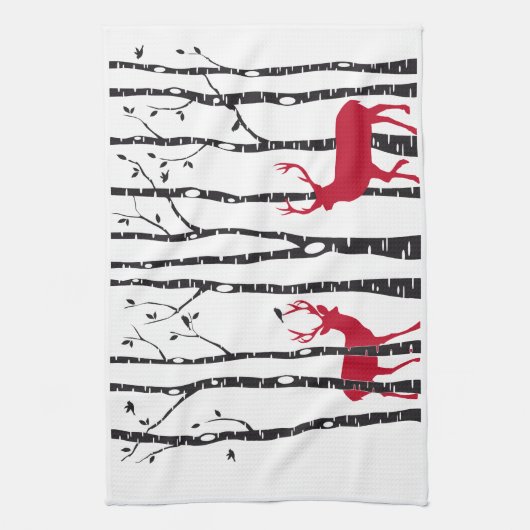 Rode deers in het bos van de vogelboom theedoek (Verticaal)